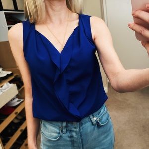 Ann Taylor Cascade Ruffle Shell Tank Sleeveless Blouse Blue Women’s XXS